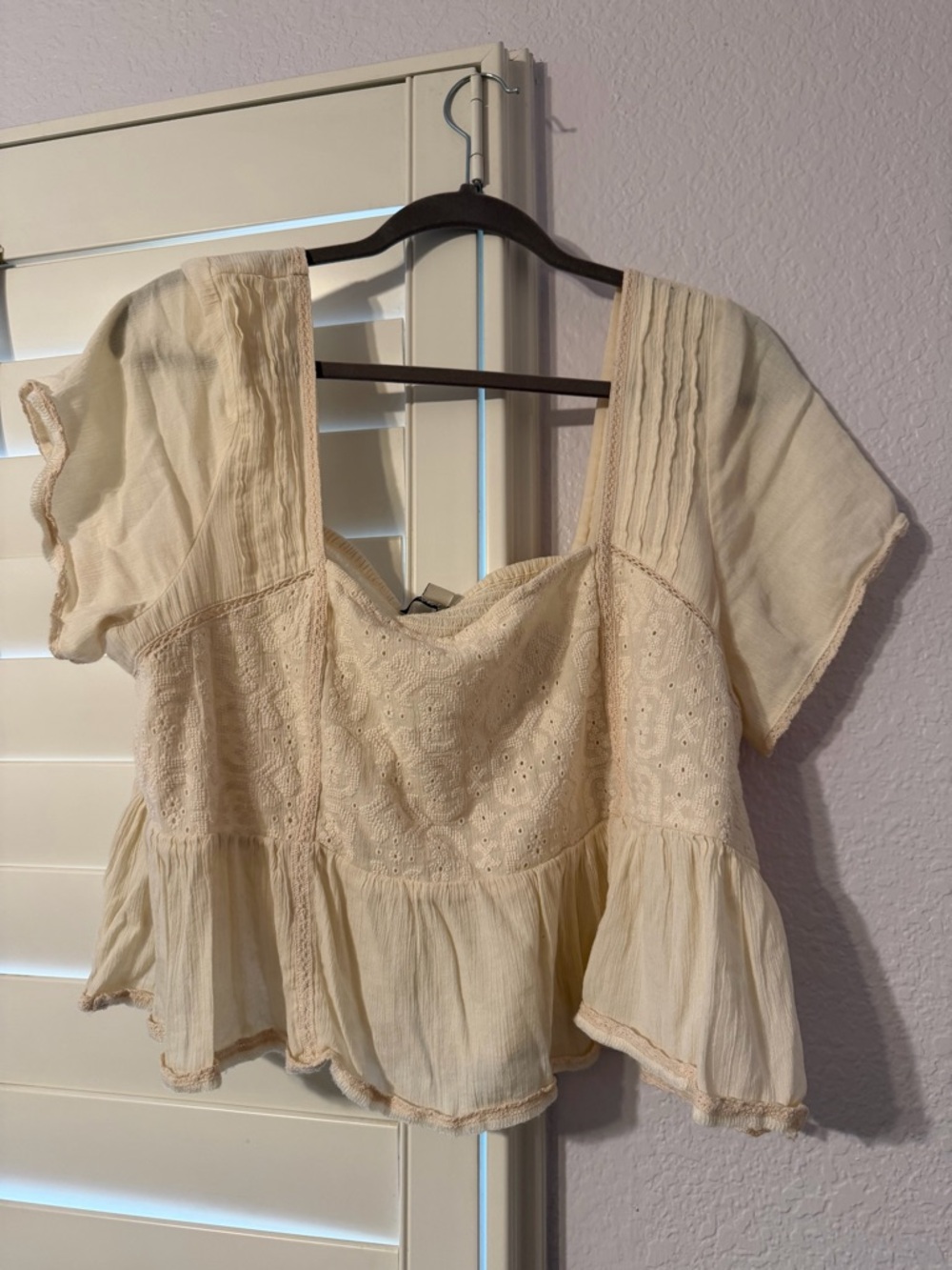 American Eagle Outfitters Cream Eyelet Peasant Top